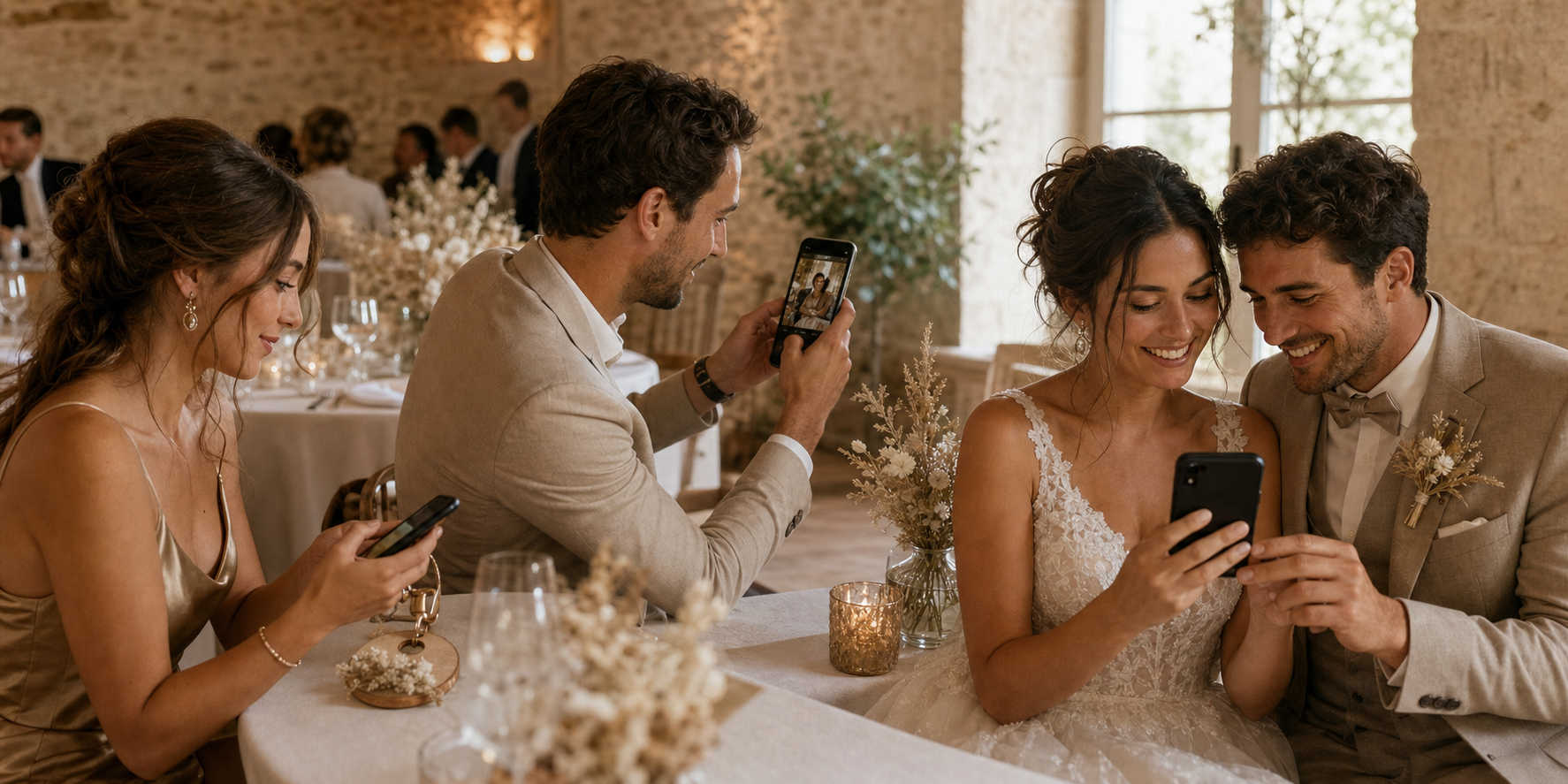 Invités et mariés partageant leurs photos grâce au souvenir NFC